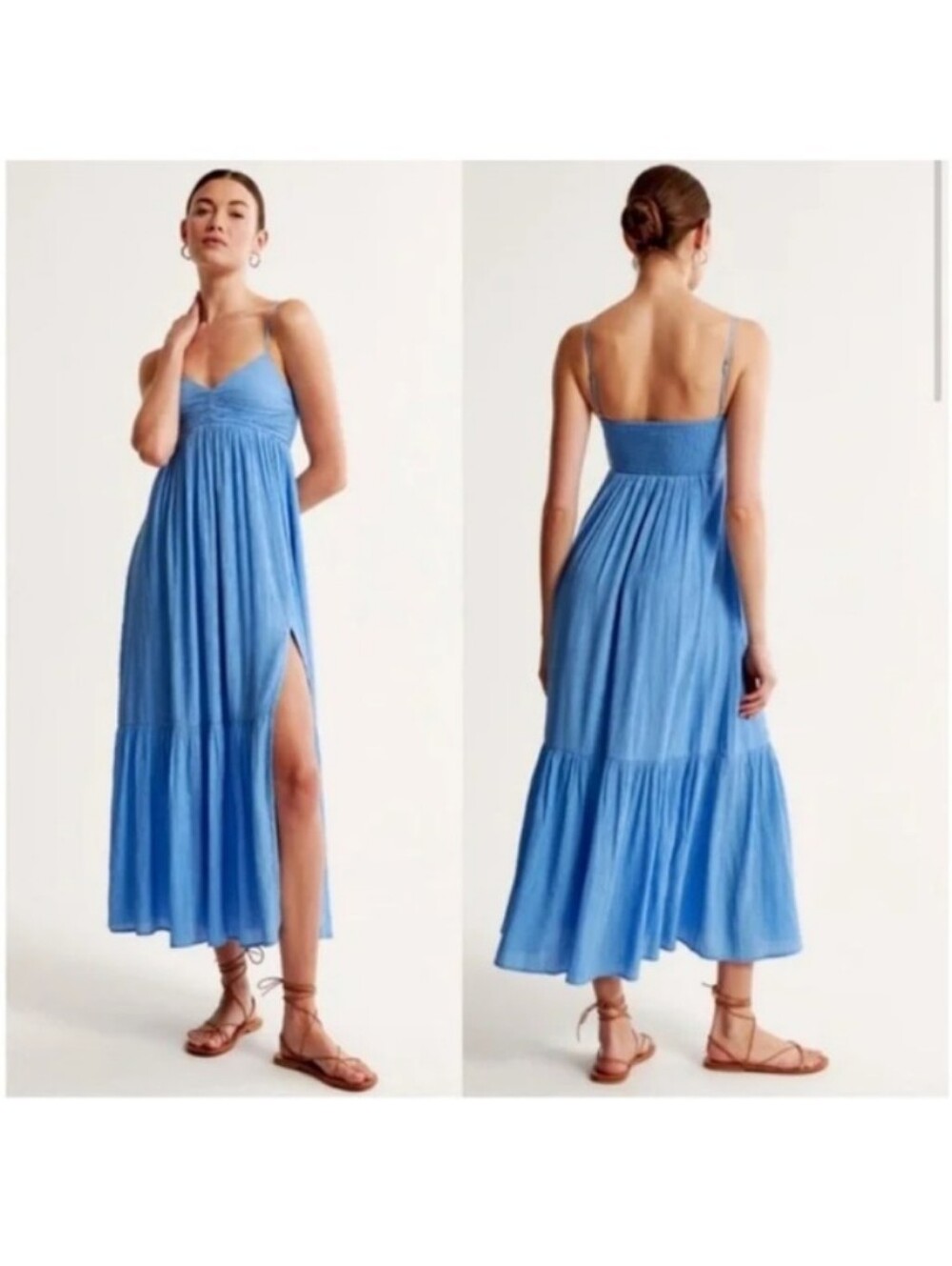 Abercrombie & Fitch Ruched Crinkle Textured Maxi Dress Blue Side Slit XS Tall